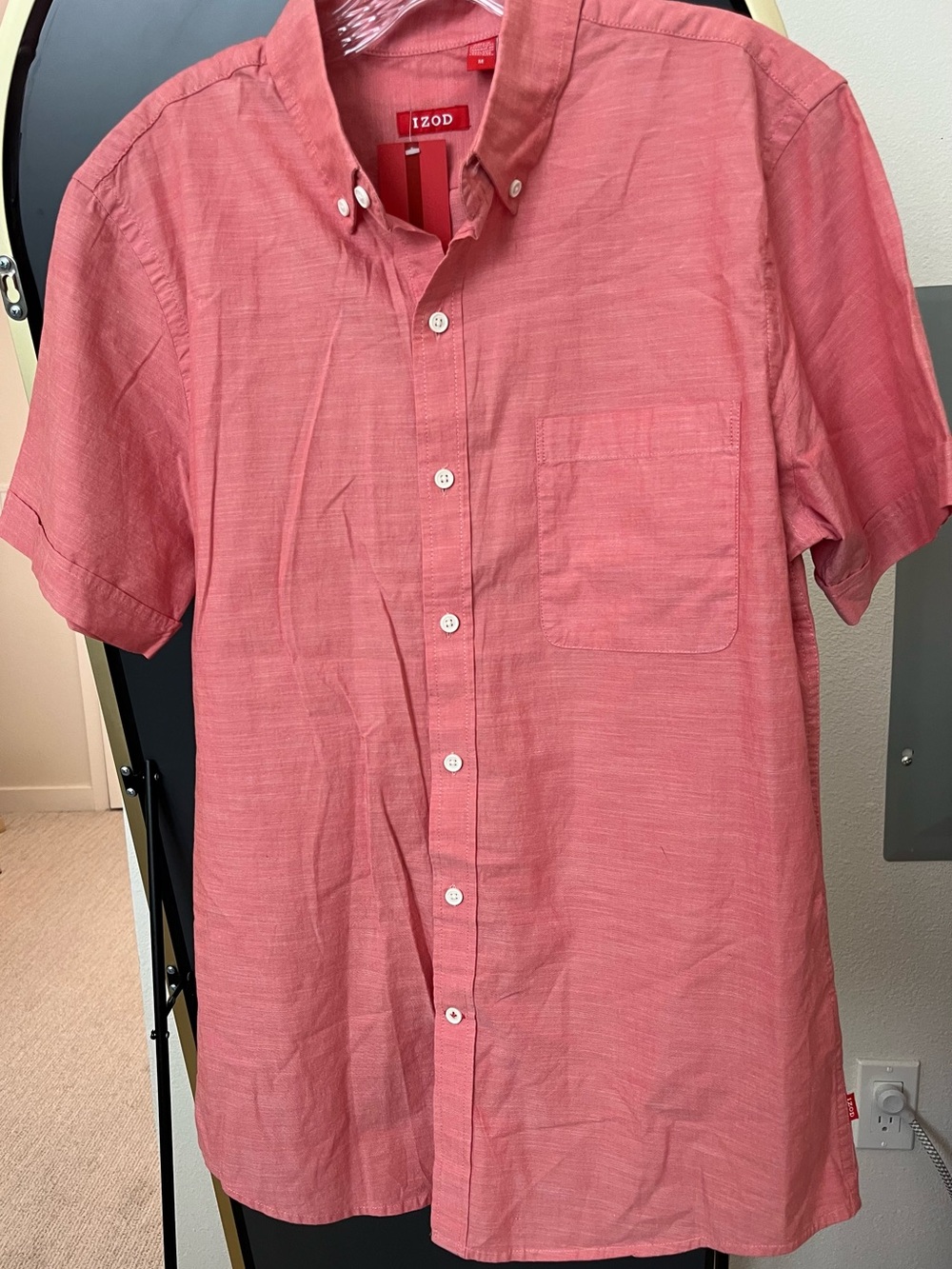 Izod Men’s Short Sleeve Button-Down Shirt in Coral Pink